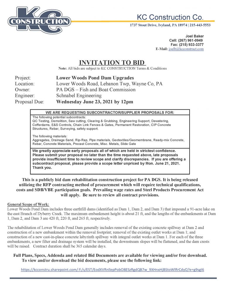 KC CONSTRUCTION Co. Bid Invitation Lower Woods Pond Dam Upgrades